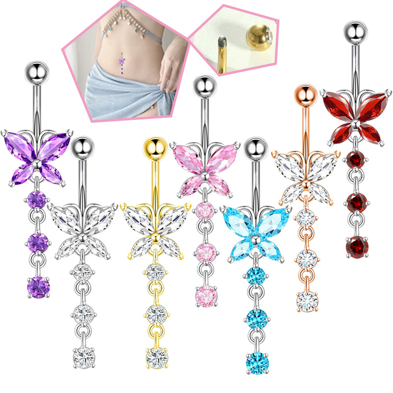 Body Jewelry Hoops - 14GA Golden Butterfly with Dangling Flower