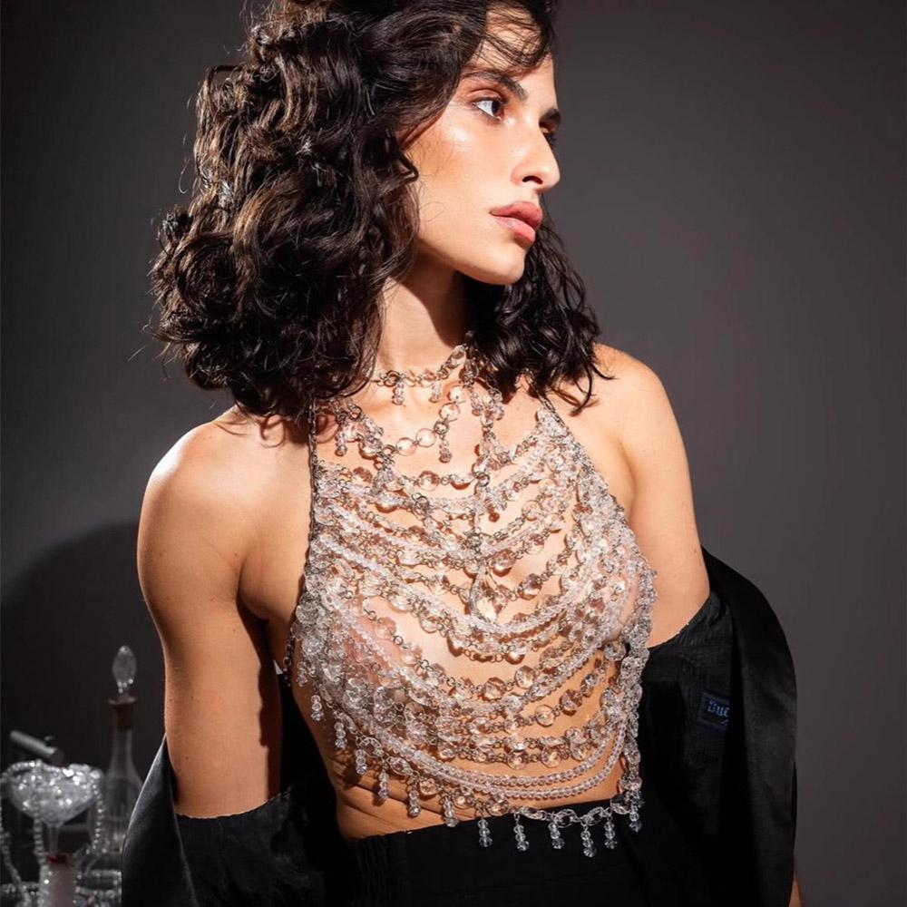Body Jewelry Vest - Handmade Beaded Vest Clear Crystal Pendant